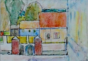 Domy, technika mieszana, 45x44 cm Domy, technika mieszana, 45x44 cm